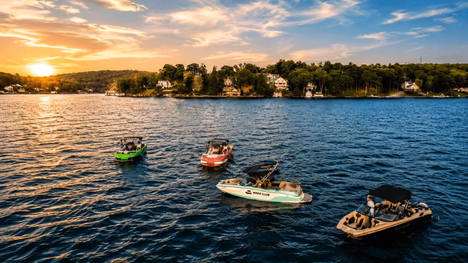 Kayaks on the lake at dusk
