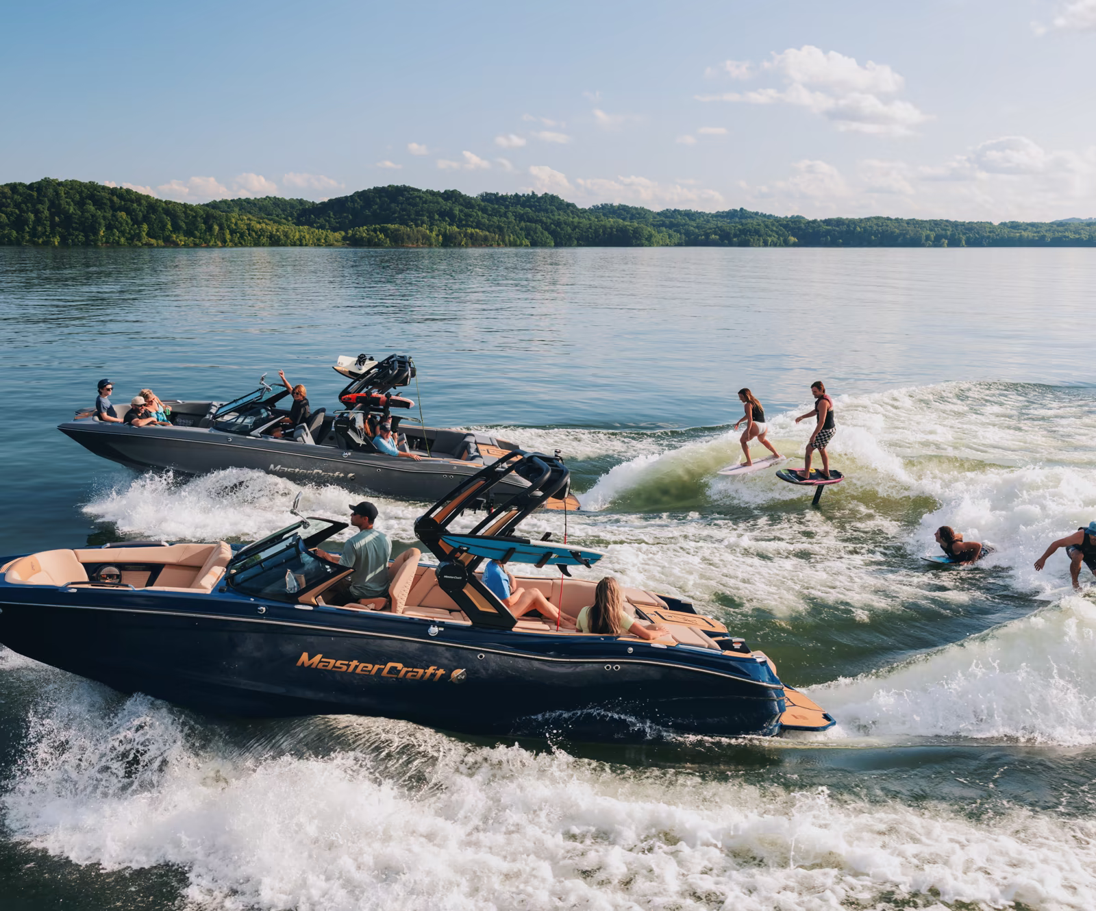 Wake boat on calm water