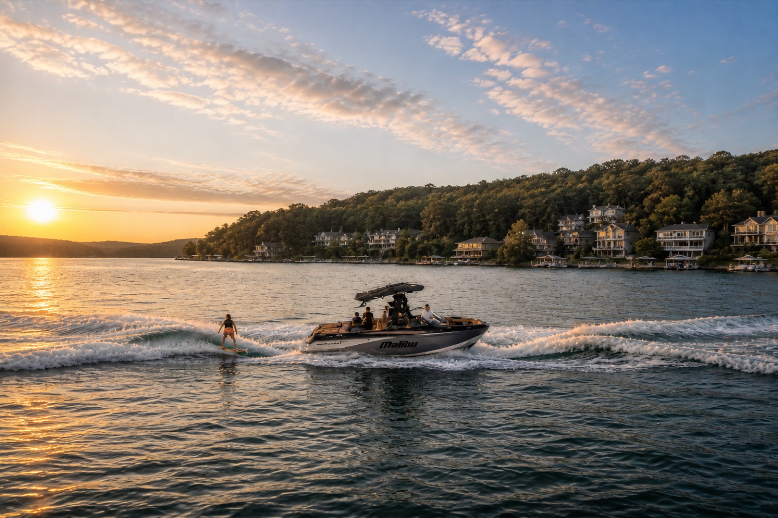 Red wake boat on the lake