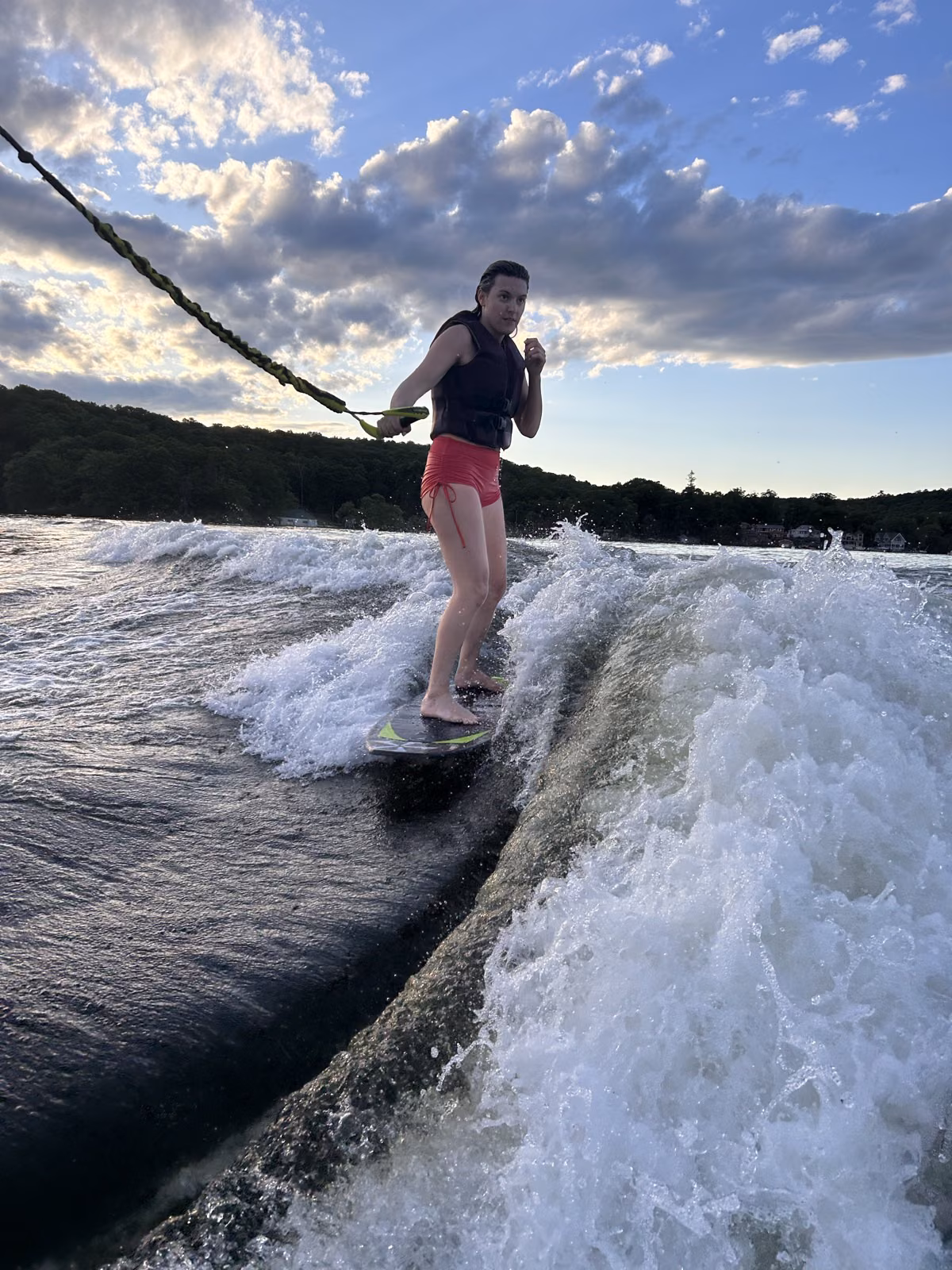 Wakesurfing the wake at golden hour on Lake Hopatcong